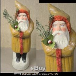 1890-1910 German 12 Belsnickle Santa Claus Gold with Mica Robe Holding Tree