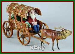 1890 Antique Belsnickle Santa Claus w Reindeer & Woven Sleigh Wagon