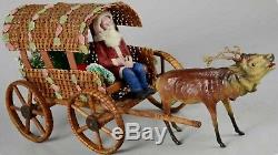 1890 Antique Belsnickle Santa Claus w Reindeer & Woven Sleigh Wagon