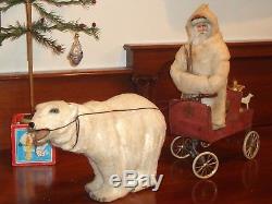 1890's 16 3/4 L GERMAN Polar Bear Pulling Santa ClausTreeToysSleigh