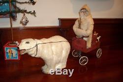 1890's 16 3/4 L GERMAN Polar Bear Pulling Santa ClausTreeToysSleigh
