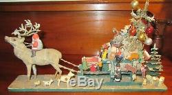 1910 14.9 German Santa Claus on Reindeer w Sled Erzgebirge Toys Trees & Animals