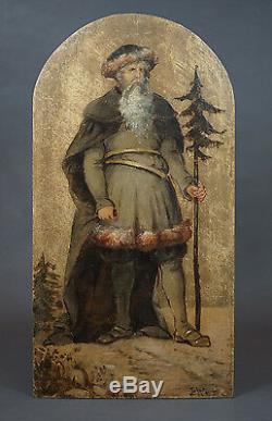 19c. European Art Oil Painting Wood Board Santa Claus St. Nicholas Christmas Tree