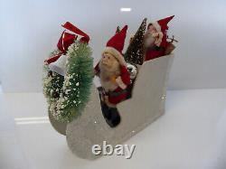 2 Vintage Santas in Vintage Sleigh with Trees and Xmas Wreath