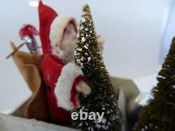 2 Vintage Santas in Vintage Sleigh with Trees and Xmas Wreath