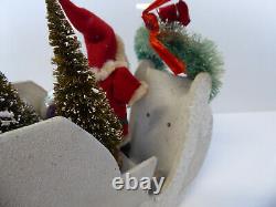 2 Vintage Santas in Vintage Sleigh with Trees and Xmas Wreath