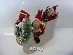 2 Vintage Santas in Vintage Sleigh with Trees and Xmas Wreath