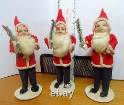 3 Vintage 6 Felt Cotton Beard Santa Claus Paper Mache Face Figure Christmas