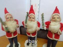 3 Vintage 6 Felt Cotton Beard Santa Claus Paper Mache Face Figure Christmas