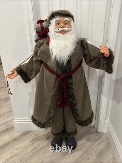 48 Olive Green Santa Claus with Gift Bag Standing Christmas Figure Has Cracks