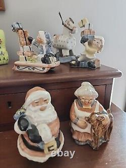 5 Louisville Stoneware Pottery Santa, Mrs Claus, Rocking Horse, 2 Elf Figurines