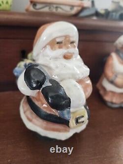 5 Louisville Stoneware Pottery Santa, Mrs Claus, Rocking Horse, 2 Elf Figurines