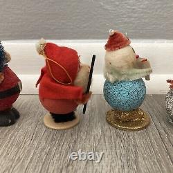 (7) Vntg Putz Santa Claus Snowman Gnome Elf Felt Cardboard Glitter Figures Japan