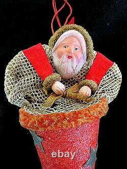 ANTIQUE Celluloid Santa Claus in Boot Net Christmas Candy Holder Container. RARE