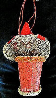 ANTIQUE Celluloid Santa Claus in Boot Net Christmas Candy Holder Container. RARE