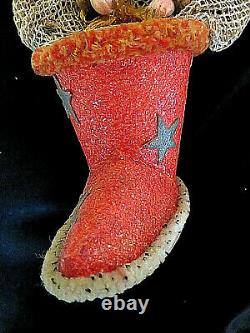 ANTIQUE Celluloid Santa Claus in Boot Net Christmas Candy Holder Container. RARE