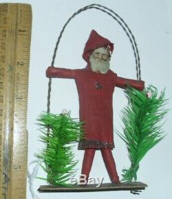 ANTIQUE GERMAN Cotton SANTA CLAUS on Swing Christmas Ornament