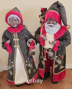 African American Mr & Mrs Santa Claus 34 Tall Red Faux Fur Trim Cardinal Nature