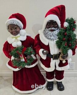 African American Mr. & Mrs. Santa Claus 34 Tall Red Velvet Light Up Greenery