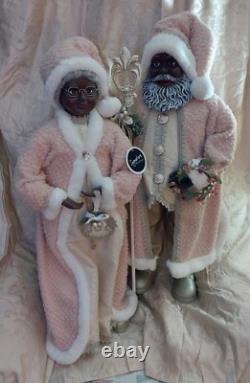 African American Mr. & Mrs. Santa Claus 34 Tall with Pink, Silver, & Ivory Robes