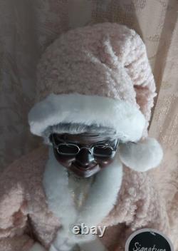 African American Mr. & Mrs. Santa Claus 34 Tall with Pink, Silver, & Ivory Robes