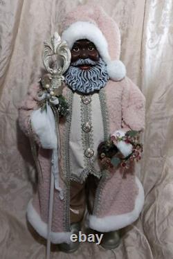 African American Mr. & Mrs. Santa Claus 34 Tall with Pink, Silver, & Ivory Robes