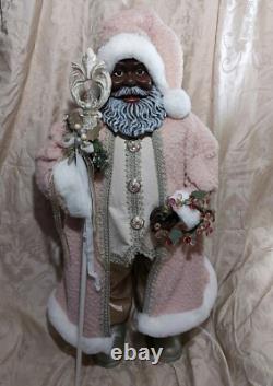African American Mr. & Mrs. Santa Claus 34 Tall with Pink, Silver, & Ivory Robes