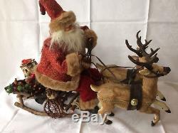 Amazing Antique German Santa Claus And Reindeer 1930 Great Size Piece