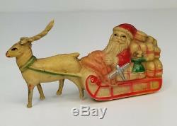 Antique Celluloid Viscoloid Santa Claus Sleigh Reindeer Christmas Toy USA VCO