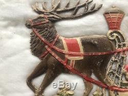 Antique Christmas German Die Cut Santa Claus Figure In Sleigh Reindeer 1880