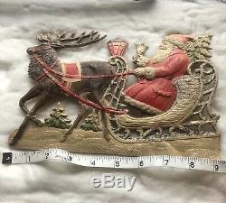 Antique Christmas German Die Cut Santa Claus Figure In Sleigh Reindeer 1880