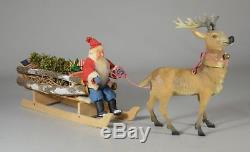 Antique Early 1900 German Reindeer Candy Container Heubach Santa Claus on Sleigh