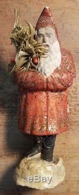 Antique German Belsnickle Red Robe Santa Claus Candy Container w Feather Tree
