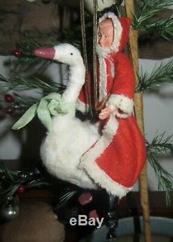 Antique German Christmas Ornament SPUN COTTON BATTING Santa Claus Riding Goose