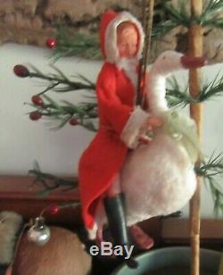 Antique German Christmas Ornament SPUN COTTON BATTING Santa Claus Riding Goose