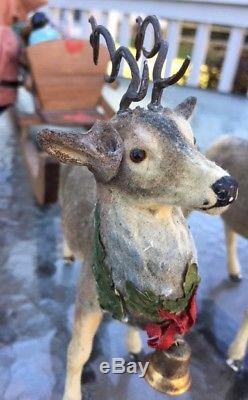 Antique German SANTA CLAUS in SLEIGH PAIR of CANDY CONTAINER REINDEER