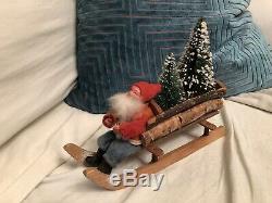 Antique German Santa Claus In Christmas Sled Sleigh W Bottle Brush Trees