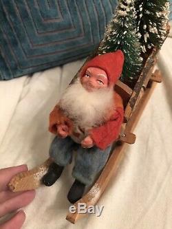 Antique German Santa Claus In Christmas Sled Sleigh W Bottle Brush Trees