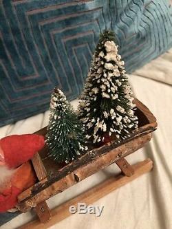 Antique German Santa Claus In Christmas Sled Sleigh W Bottle Brush Trees