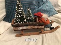 Antique German Santa Claus In Christmas Sled Sleigh W Bottle Brush Trees