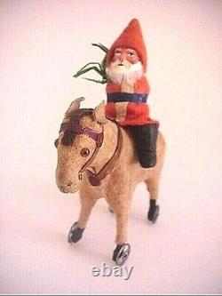 Antique German Santa Claus Riding Donkey on Wheels Cute
