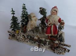 Antique German tablet scene Santa Claus with boy on donkey paper mache 1900