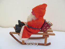 Antique Germany Clay & Felt Santa Claus Figure on Wood Sled With Basket