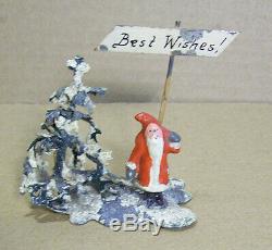 Antique Pot Metal Christmas Figurine, Santa Claus, Tree, Best Wishes Sign, Heyde