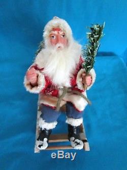 Antique Santa Claus/Candy container -wooden sled /Germany -goose feather brunch