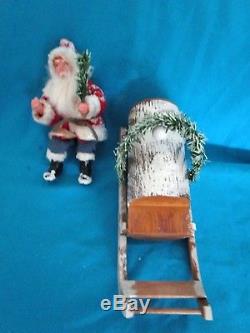 Antique Santa Claus/Candy container -wooden sled /Germany -goose feather brunch