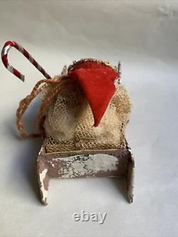 Antique Santa Claus Mesh Bag Candy Container Celluloid Face on Sleigh #D