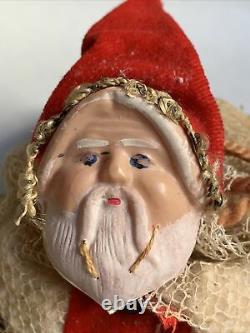 Antique Santa Claus Mesh Bag Candy Container Celluloid Face on Sleigh #D