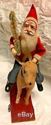 Antique VTG Santa Claus Riding Cloth Covered Dog Pull Toy Christmas Decoration