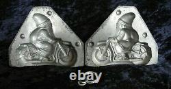 Antique vintage old metal iron chocolate mold figure Santa Claus on motorcycle